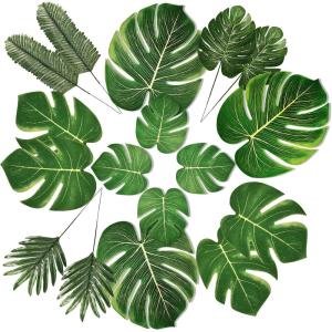 PartyWoo Palm Leaves, 34 pcs Fake Artificiall Palm Leaves, Summer Tropical Fiesta Party Decorations, Flamingo Hawaiian Party Supplies