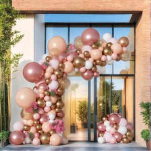 PartyWoo Purple Gold and Green Balloon Arch Kit Garland 100pcs Different Sizes of 18 12 5 Inch Pearl Purple Gold Green Confetti Balloons for Mardi Gras Carnival Masquerade Birthday Party Decorations(Rose Gold Pink-2548)