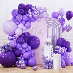 PartyWoo Purple Gold and Green Balloon Arch Kit Garland 100pcs Different Sizes of 18 12 5 Inch Pearl Purple Gold Green Confetti Balloons for Mardi Gras Carnival Masquerade Birthday Party Decorations(Purple-3285)