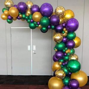 PartyWoo Purple Gold and Green Balloon Arch Kit Garland 100pcs Different Sizes of 18 12 5 Inch Pearl Purple Gold Green Confetti Balloons for Mardi Gras Carnival Masquerade Birthday Party Decorations(Purple Green-1950)