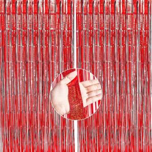 PartyWoo XtraLarge Foil Curtain, 2 pcs 3.3×6.6 ft Tinsel Curtains for Birthday Wedding Party Photo Backdrop, Black Streamers Metallic Fringe Tinsel Backdrop for New Year Birthday Party Decorations(Red)