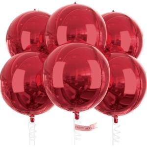 PartyWoo Red Foil Balloons 6pcs 22 Inch Burgundy Large Round Foil Big Giant 4D Jumbo Inflatable Mirror Ball Mylar Balloons for Graduation Birthday Anniversary Casino Cherry Party Decorations