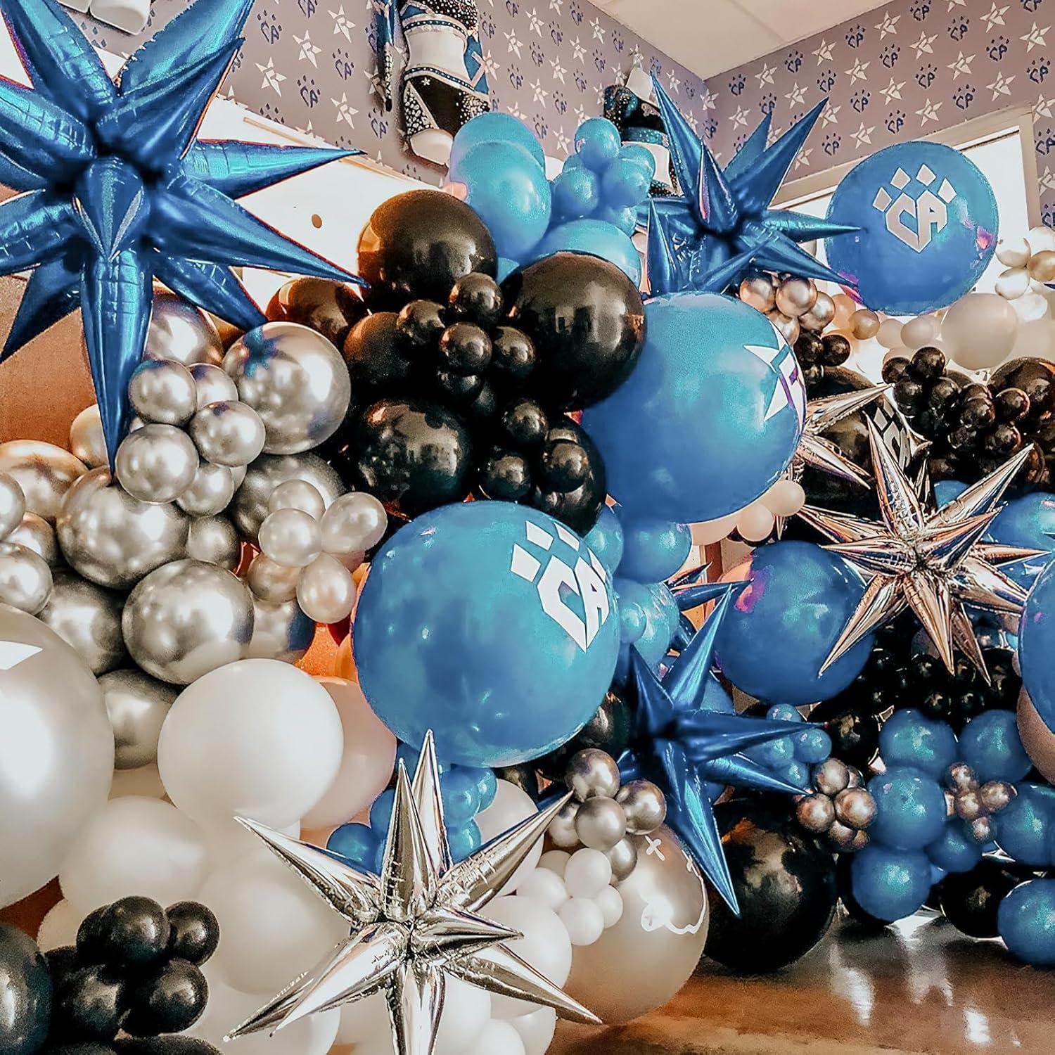 imagePartyWoo Metallic Blue Star Balloons 110pcs Different Sizes 18 12 10 5 Inch Pack 22 Inch Royal Blue Spike Star Explosion Foil Mylar Balloon Arch Kit for Birthday Party Decorations BlueG119