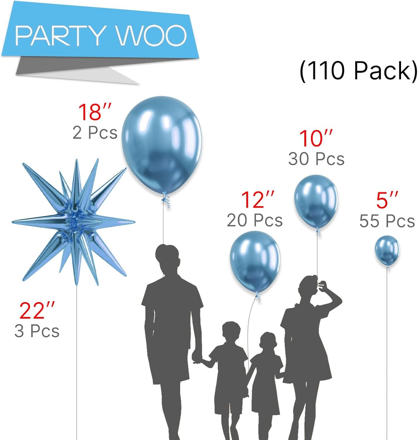 imagePartyWoo Metallic Blue Star Balloons 110pcs Different Sizes 18 12 10 5 Inch Pack 22 Inch Royal Blue Spike Star Explosion Foil Mylar Balloon Arch Kit for Birthday Party Decorations BlueG119