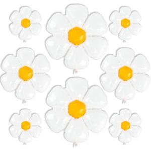 PartyWoo Daisy Foil Balloons 8 pcs Different Sizes Pack of 43 28 19 Inch Large White Flower Mylar Balloons and Ribbon for Baby Shower Little Cutie Daisy Flower Theme Birthday Party Decorations