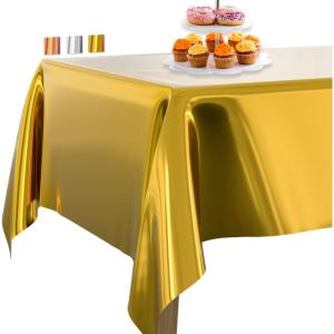 PartyWoo Gold Foil Tablecloth, 54 x 108 Inch Rectangle Party Tablecloth, Foil Tablecloth for 6 to 8 Foot Table, Metallic Table Cover, Plastic Table Cloth, Waterproof for Birthday Wedding (1 Pack)