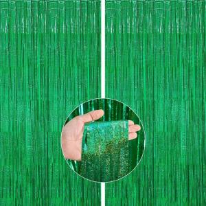 PartyWoo Green Streamers Backdrop 2pcs 3.3×6.6 ft Green Tinsel Foil Fringe Streamer Curtains Photo Backdrop for Graduation Birthday Wedding Dinosaur Jungle Golf Football Theme Party Decorations