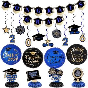 PartyWoo Graduation Decorations Class of 2026 Black Gold Pink 19pcs Grad Party Supplies with Congrats 2026 Grad Banner Hanging Swirls Foil Balloons Graduation Cap Centerpieces Party Decorations(Blue)