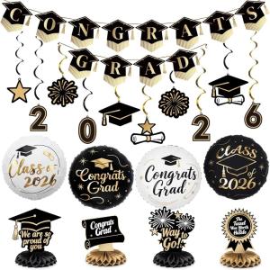 PartyWoo Graduation Decorations Class of 2026 Black Gold Pink 19pcs Grad Party Supplies with Congrats 2026 Grad Banner Hanging Swirls Foil Balloons Graduation Cap Centerpieces Party Decorations(Black)