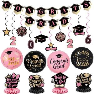 PartyWoo Graduation Decorations Class of 2026 Black Gold Pink 19pcs Grad Party Supplies with Congrats 2026 Grad Banner Hanging Swirls Foil Balloons Graduation Cap Centerpieces Party Decorations(Pink)